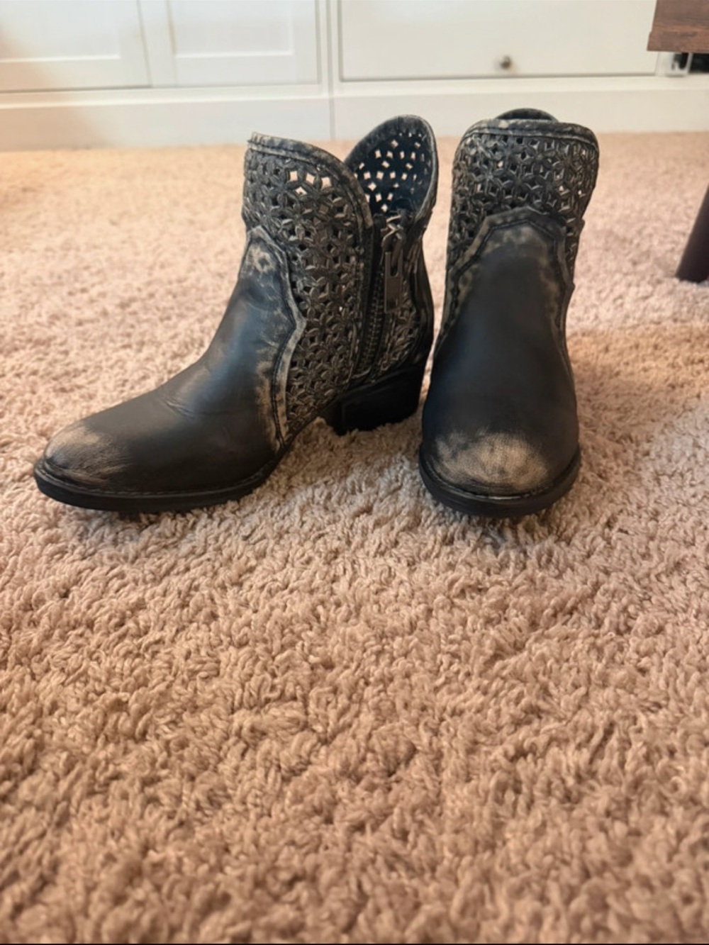 Cutout Detail Black Ankle Booties with Distressed Finish